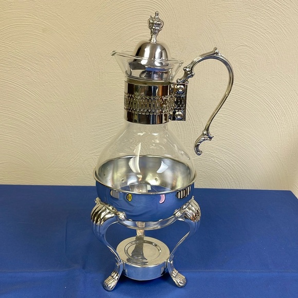 Vintage Kent Silversmith Glass Pitcher Carafe + Silver Pedestal Warmer Stand - Picture 2 of 13